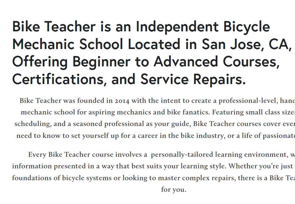 Bike Teacher, Bicycle Mechanic Training & Full Service Repair Shop